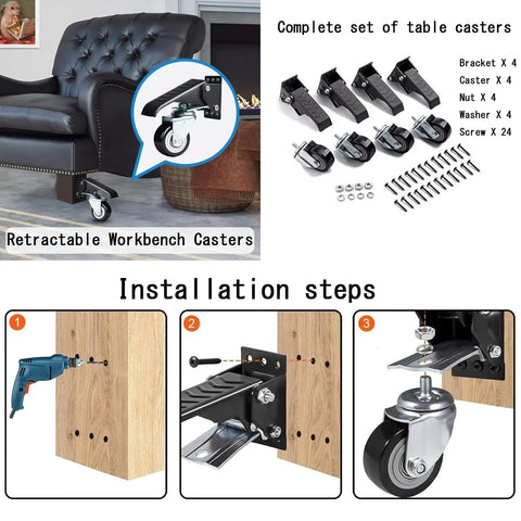 Heavy Duty Retractable Casters Set Of 4 Foot Pedal Lifting Wheels For Workbenches Tables Shop Equipment Adjustable Stepdown Roll Heavy Loads Smooth As Butter Always, installation process shown.