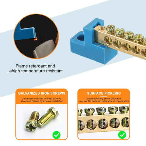 Close-up of Grounding Bus Bar 10 Positions Brass Wire Screw Terminal Block for Marine Industrial Gear with M4 screws included