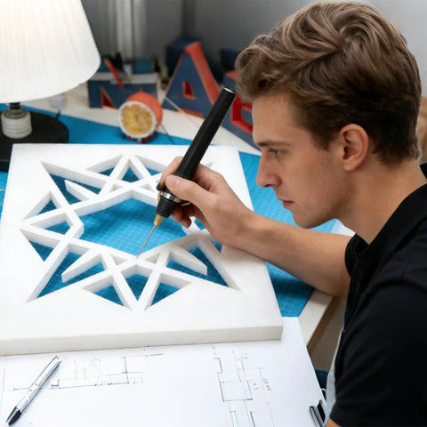 Person using Three In One Foam Cutter Kit with Hot Wire Pen to cut intricate star design in styrofoam for DIY project.