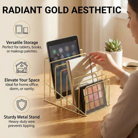 Gold Desk Organizer With 7 Slot Inclined Vertical File Holder Mesh Front Rack For Mail Slim Binders And Books with various items displayed