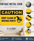 Caution Keep Clear Of Moving Parts 8 By 12 Inch Aluminum Sign with yellow background, rust-resistant and pre-drilled holes.