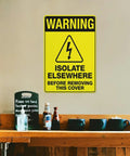 Heavy Duty 8x12 Workshop Safety Sign For Industrial Equipment Maintenance Zone Outdoor Wall Mount Plaque Rust Free UV Printed Aluminum With 4 Pre Drilled Holes on beige wall above a counter with bottles and cups.