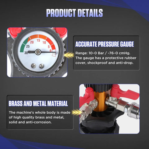 Coolant Vacuum Refill Kit With Pressure Gauge And Air Adapters, Auto Cooling System Tool Set details showing pressure gauge and materials.