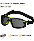 3M™ Solus™ 1000 TPE Series safety glasses with anti-fog coating. Lightweight, black and green design for industrial use.