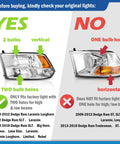 Comparison of quad hole headlight assembly with bulbs for Dodge Ram suitable models and single bulb incompatible models