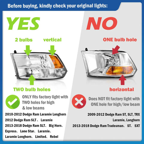 Comparison of quad hole headlight assembly with bulbs for Dodge Ram suitable models and single bulb incompatible models