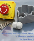 Red Emergency Stop Button Switch E Stop Momentary Cutoff 1NO 1NC 660V 10A With Box, screws, and gland on display
