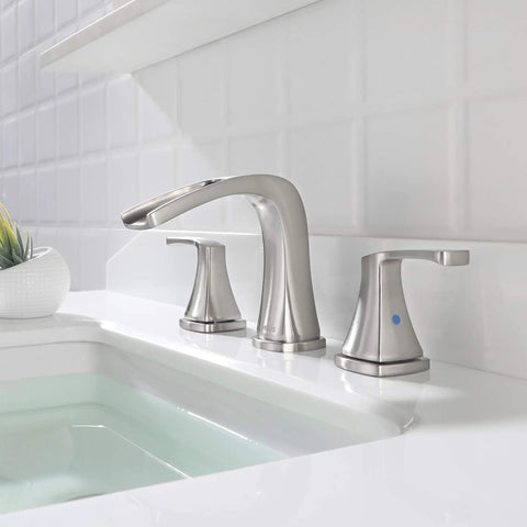 Two Handle Waterfall Widespread Bathroom Faucet In Brushed Nickel With Metal Pop Up Drain And cUPC Supply Lines Doris Model Ideal Vanity Upgrade For 6 To 12 Inch Center Distances