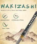 Close-up of Unsharpened Stainless Steel Wakizashi Iaito For Iaido Training 21 Inch Practice Sword showing handle and blade detail