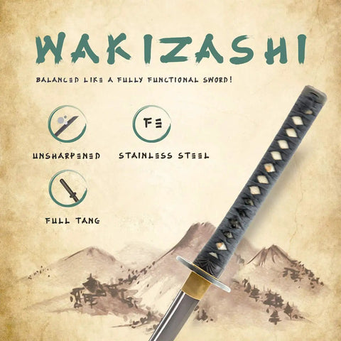 Close-up of Unsharpened Stainless Steel Wakizashi Iaito For Iaido Training 21 Inch Practice Sword showing handle and blade detail
