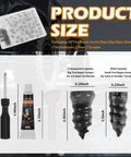 Diagram showing contents of 60 Piece Car Tire Repair Kit With Self Tapping Plugs And Repair Screws Including Screwdriver And Glue For Cars And Motorcycles On The Road Grab And Go Easy To Use, including screw sizes and tools.
