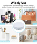 Mcbazel 5.4 Inch Motorized Rotating Display Stand With 360 Degree Electric Turntable showcasing cosmetics, bags, daily items, and toys.