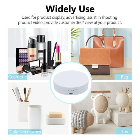 Mcbazel 5.4 Inch Motorized Rotating Display Stand With 360 Degree Electric Turntable showcasing cosmetics, bags, daily items, and toys.