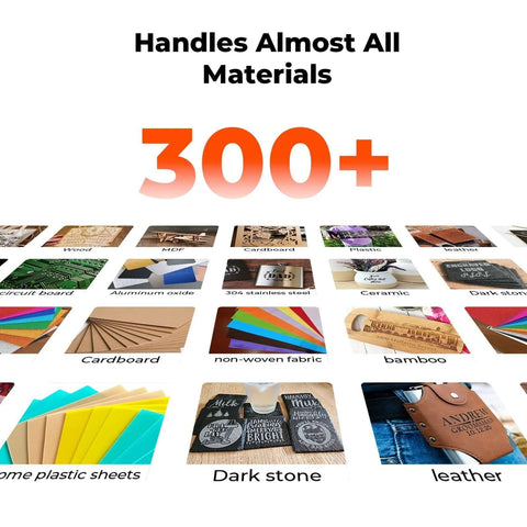 ACMER S1 laser engraver front view banner showing 300+ materials (wood, plastic, metal)