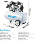 Quiet 68dB 5 Gallon Oil-Free Air Compressor For Woodworking And Garage Use With specifications and dimensions displayed