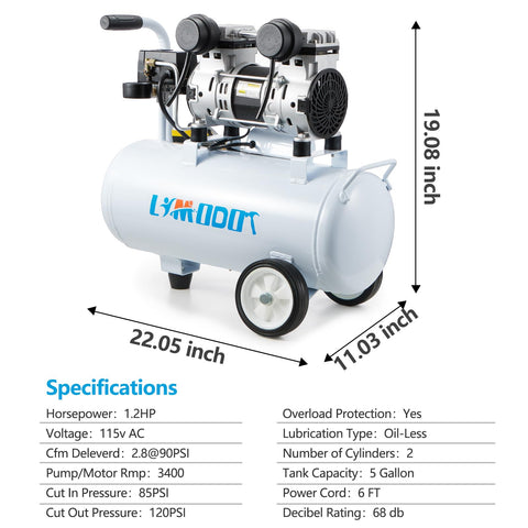 Quiet 68dB 5 Gallon Oil-Free Air Compressor For Woodworking And Garage Use With specifications and dimensions displayed