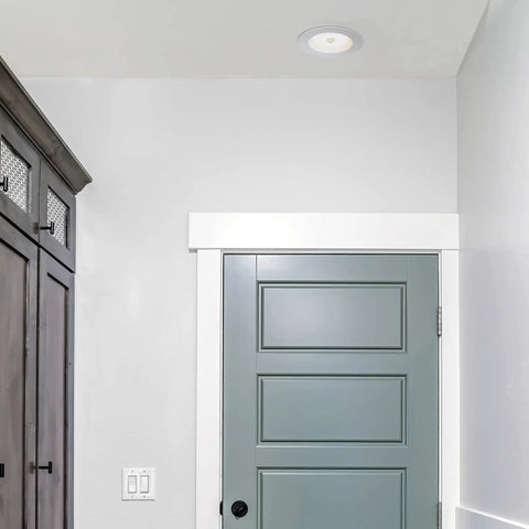 5 Inch And 6 Inch Retrofit LED PIR Motion Sensor Downlight, Super Bright 1300 Lumens, 14W, 5 CCT Color Temperatures, Indoor Outdoor Use, Motion Auto On For 30 Seconds After Detection, High CRI 80, Energy Efficient Lighting installed in a hallway ceiling