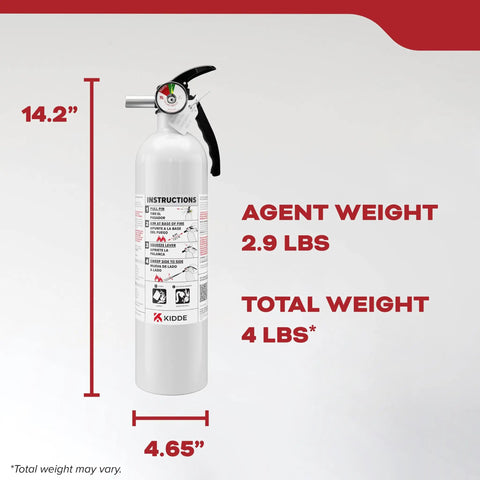 Vehicle Fire Extinguisher For Cars And Trucks Single Use 10BC With All Metal Construction shown with dimensions and weight details