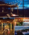 Outdoor String Lights 50Ft With 55 G40 Globe Bulbs illuminating patios and decks at night with dimmable feature on black wire.
