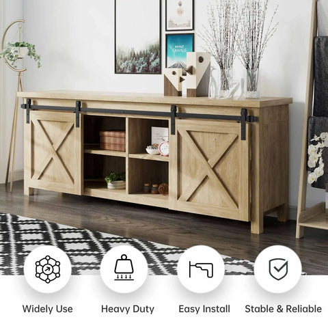 Modern cabinet with Six Foot Double Barn Door Track Kit For Smooth Quiet Sliding Cabinets 72 Inch Rail installed.