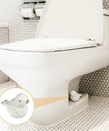 Duck Design Ceramic Toilet Bolt Covers 2 Pack Universal Fit Screw Caps hiding rusty bolts under a white toilet, with duck design.