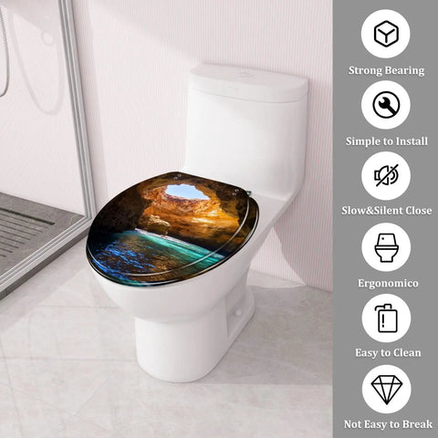 Laid Back Tropical Paradise Round Resin Toilet Seat Cover With Smooth Slow Close Action And Snappy Quick Release Hinges For Effortless Cleanup And A Tight Seal On Standard American Bathrooms mounted on white toilet.