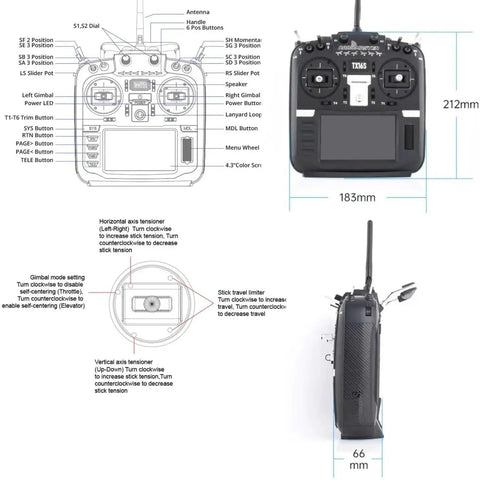 Pro Grade RC Transmitter TX16S MKII V4.0 With Hall Gimbals And ELRS 2.4G front and side views with dimensions and controls.