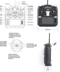 Front and side view of TX16S MKII V4 Transmitter with Hall Gimbals and ELRS 2.4G Wireless System, dimensions and controls labeled.