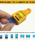 24V Automotive Blade Fuse Tester And Puller For Car Circuit Breakers ATR ATO ATC ATM Reset Tool Glass Tube Fuse Checker With LED Indicator No Fuss Quick Removal And Blown Fuse Check, yellow handheld tool testing blue blade fuse