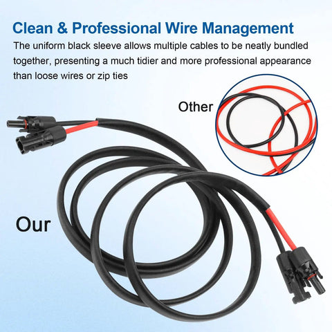 Heavy Gauge 10AWG Solar Cable Extension Cord 15Ft PV Wire With Flame Retardant Protective Sleeving Waterproof Male and Female Connectors close-up comparison.