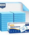 No Sweat 100 Pack Disposable Bed Pads For Pets Extra Large Waterproof Puppy Pee Pads With Gelling Polymer Super Absorbent And Odor Blocking Backing For Quick Cleanup, stack of blue pads and packaging.