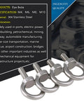 Heavy Duty 4 Pack M10 Lifting Eye Bolts In 304 Stainless Steel, corrosion resistant, shown with product specifications and usage description.