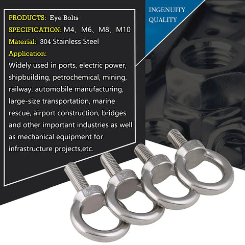 Heavy Duty 4 Pack M10 Lifting Eye Bolts In 304 Stainless Steel, corrosion resistant, shown with product specifications and usage description.