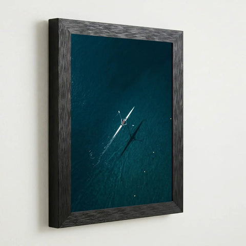 Framed Canvas Wall Art Aerial Rowing Scull In Deep Teal And Navy Ocean Hues With Floating Illusion Modern Black Frame 8x10