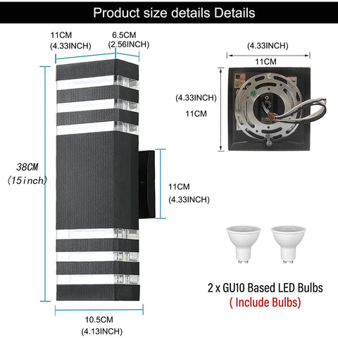 Dimensions of 15 Inch LED Up And Down Outdoor Wall Light With Aluminum Housing 18W 4000K IP65, includes 2 GU10 bulbs