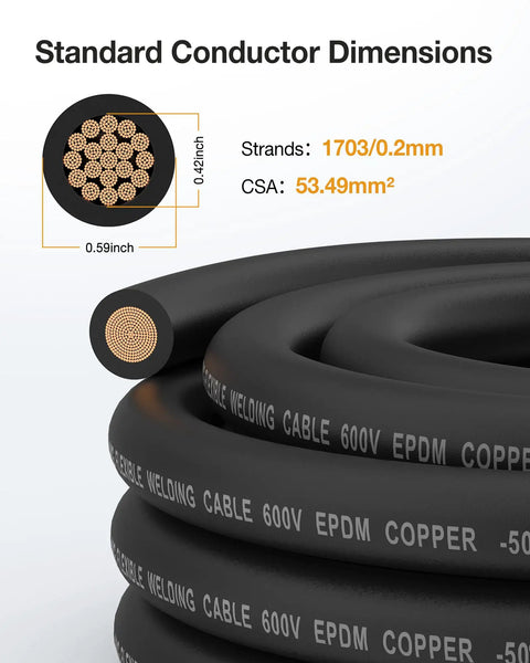 Beefy One-O Gauge Battery Cable With Lugs Dual 10 Foot Red And Black Power Wire High Current Low Resistance Copper Flexible EPDM Jacket 1703 Strands Oxygen Free Copper For Stable Heavy Duty Output, 1703 strand copper core