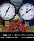 Water Pressure And Flow Test Gauge For Sprinkler Systems With Brass Gate Valve And Three Quarters Inch Hose Thread Reads Zero To One Hundred Sixty Psi And Zero To Thirteen GPM With A Two And A Half Inch Dial, showing dual dials for pressure and flow rate.
