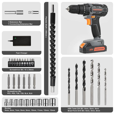 20V Cordless Drill Kit That Tackles Tough Jobs Like a Pro, Two-Speed Power Drill shown with accessories, orange design