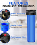 Whole House Water Filter Housing 20 Inch By 4.5 Inch Universal Pre Filtration System with features including 1 Inch NPT Brass Port, double O-ring, and red pressure valve.