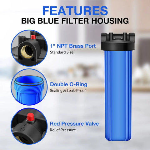 Whole House Water Filter Housing 20 Inch By 4.5 Inch Universal Pre Filtration System with features including 1 Inch NPT Brass Port, double O-ring, and red pressure valve.