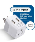 Ultra Compact USA To Type I Travel Adapter With Dual USB Input For Australia New Zealand And China Perfect For Cell Phones Chargers Cameras And More 10-15A 250V Safe shown with ports
