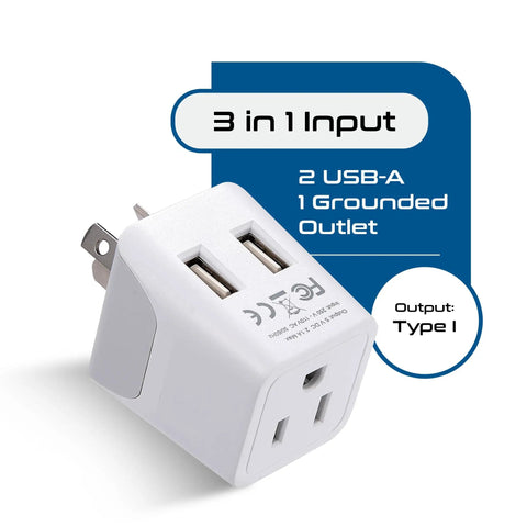 Ultra Compact USA To Type I Travel Adapter With Dual USB Input For Australia New Zealand And China Perfect For Cell Phones Chargers Cameras And More 10-15A 250V Safe shown with ports