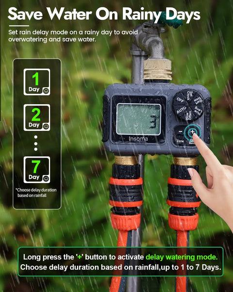 Person adjusting Two Zone Hose Timer With Brass Inlet And Outlet, Auto And Manual Modes, Rain Delay, in operation