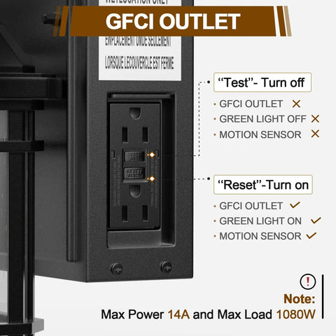 Motion Sensor Outdoor Light With Built In GFCI Outlets Dusk To Dawn Exterior Fixture Black Waterproof Anti Rust Wall Mount