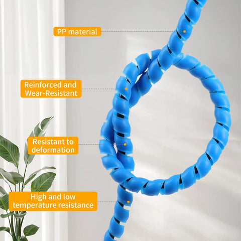 Blue Must-Have Spiral Cable Wrap 16.4 Ft Durable PP Spiral Cable Protector coiled showing material properties and features.