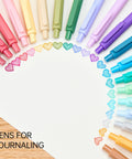 Pure Gel Pens 20 Color Ink Set With 0.7 mm Medium Point Soft Touch Grip For Journaling Note Taking Doodling And Creative Projects Vibrant Assorted Ink arranged in a semicircle on paper