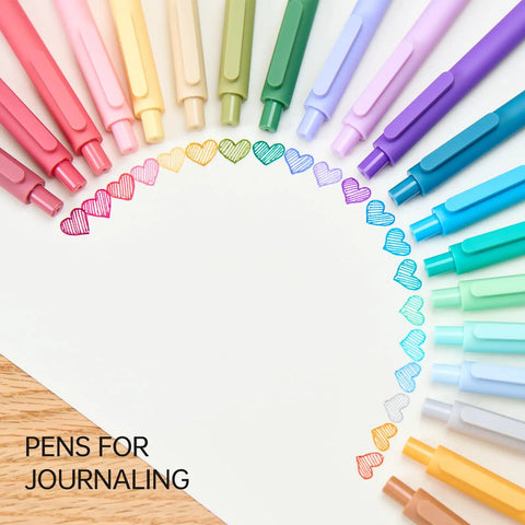 Pure Gel Pens 20 Color Ink Set With 0.7 mm Medium Point Soft Touch Grip For Journaling Note Taking Doodling And Creative Projects Vibrant Assorted Ink arranged in a semicircle on paper