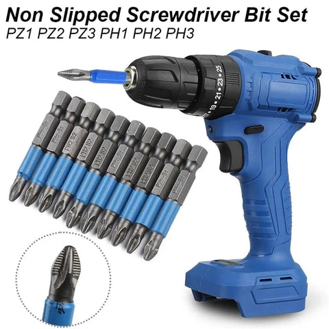 Heavy Duty Magnetic Screwdriver Bits Set With Anti Slip Non Cross Design For Electric Drill And Impact Driver Hand Tools That Hold Screws Tight Without Stripping During Heavy Projects Or Home Repair Jobs, blue steel bits