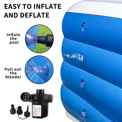 Side view showing the valve and pump of Epic 70x55x29 Inch Inflatable Family Pool For Adults With Heavy Duty Puncture Resistant Construction.