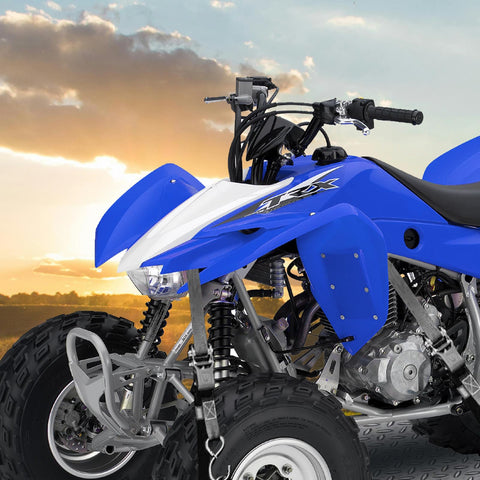 Blue ATV at sunset, suitable for use with Heavy Duty Ratchet Tie Down Straps Set 1500 Lb Break Strength 1 Inch By 15 Foot